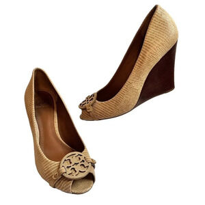 👠 Tory Burch Leather Wedge Peeptoe Shoes Heels Sz 9M Tan Animal Reptile Pr…